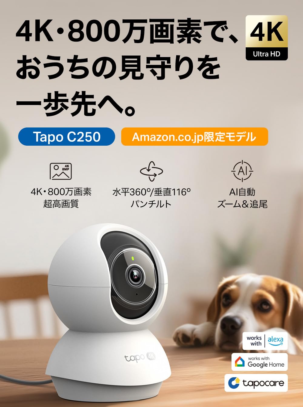Amazon.co.jp: Tapo(タポ) ペットカメラ 犬 見守りカメラ 4K 800万画素